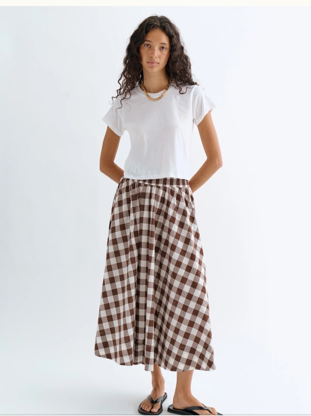 Mansy Gingham Maxi Skirt in Brown and White Size Medium NWT